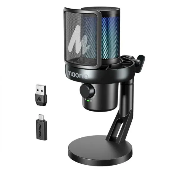MICRÓFONO GAMING RGB MAONO DM40 PRO USB / INALÁMBRICO CON RECEPTOR USB-C NEGRO