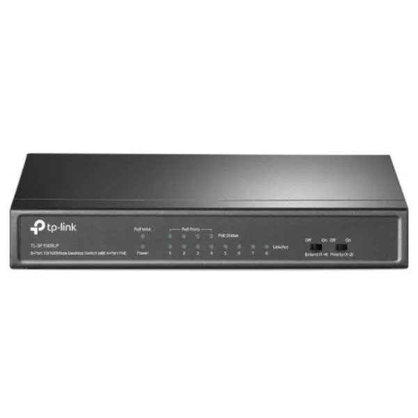 SWITCH TP LINK TL-SF1008LP(UN) 8 PUERTOS RJ45 / 4 PUERTOS POE 10/100 MBPS NO ADMINISTRABLE GRIS