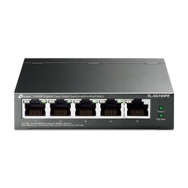 SWITCH TP LINK TL-SG105PE(UN) 5 PUERTOS RJ45 GIGABIT / 4 PUERTOS POE+ 10/100/1000 MBPS ADMINISTRABLE GRIS