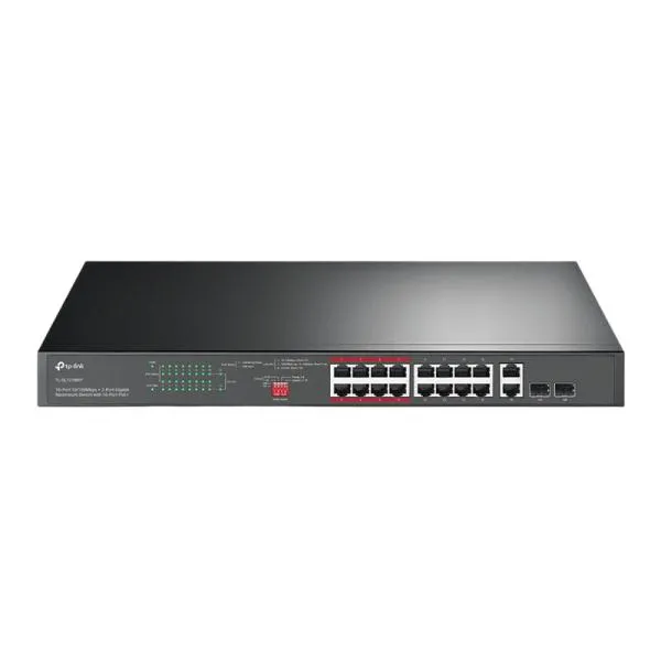 SWITCH TP LINK TL-SL1218MP(UN) 16 PUERTOS POE+ 10/100 MBPS / 2 PUERTOS RJ45 GIGABIT / 2 COMBO GIGABIT SFP NO ADMINISTRABLE NEGRO