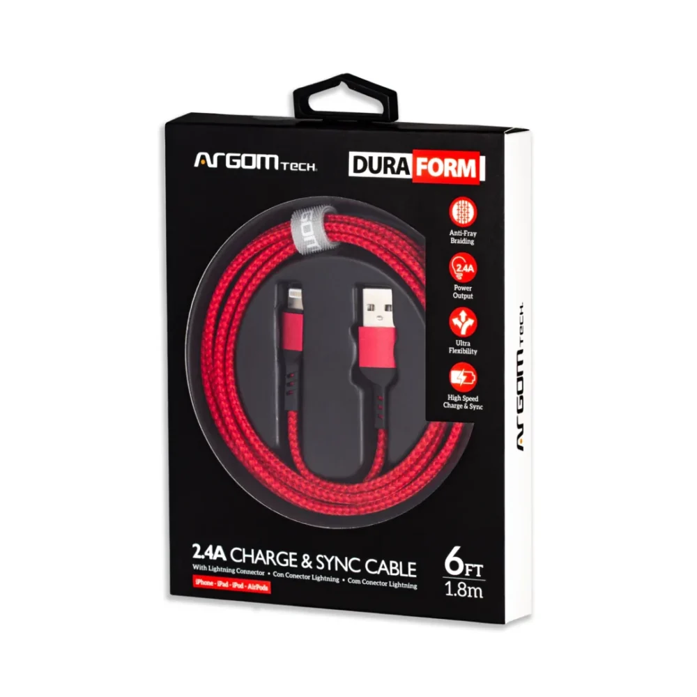 CABLE ARGOM DURA FORM LIGHTING A USB 2.0 NYLON BRAIDED 1.8M/6FT RED ARG-CB-0023RD