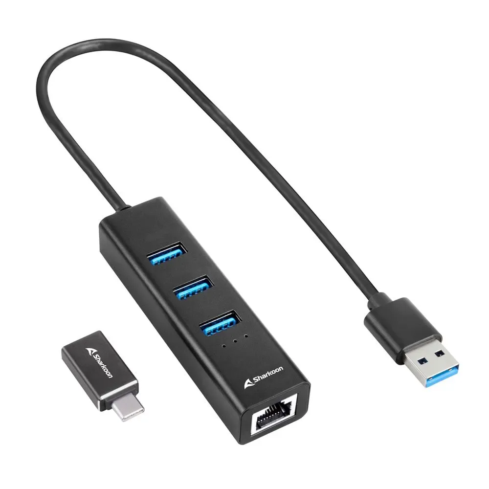 ADAPTADOR USB SHARKOON SHARK 3-PORT USB 3.2 GEN 1 ALU HUB +RJ45 ETHERNET