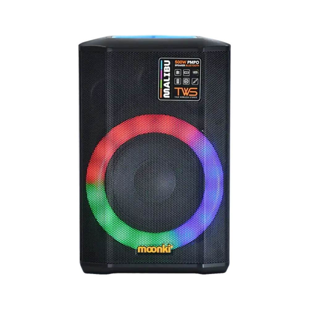 PARLANTE BLUETOOTH MOONKI MALIBU SOUND POTENCIA PMPO 500W LUCES LED PORTABLE NEGRO/AZUL MS-R105BLT-LBL