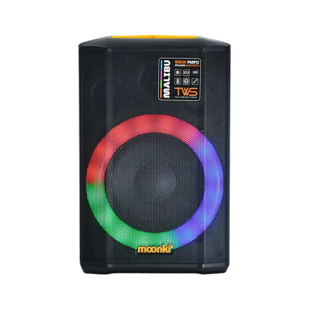 PARLANTE BLUETOOTH MOONKI MALIBU SOUND POTENCIA PMPO 500W LUCES LED PORTABLE NEGRO/NARANJA MS-R105BLT-ORG