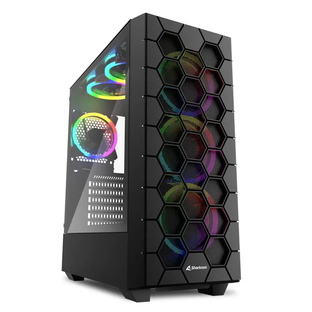 CASE SHARKOON RGB HEX BK MEDIA TORRE ATX PANEL LATERAL DE VIDRIO TEMPLADO 3 VENTILADORES RGB LED NEGRO 4044951037551