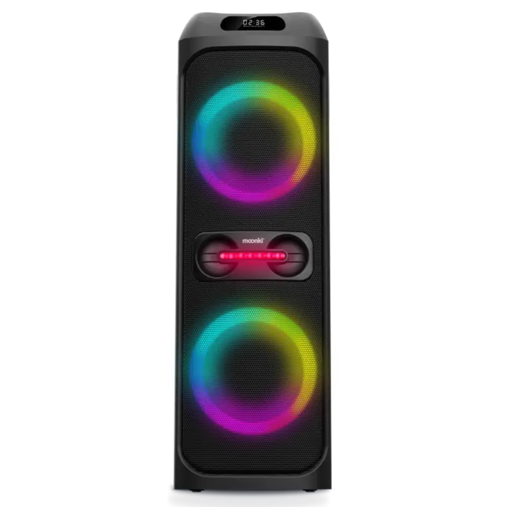 PARLANTE BLUETOOTH MOONKI KARAOKE HOME SOUND POTENCIA PMPO 2700W LUCES LED CONECTIVIDAD PARA GUITARRA,MICROFONO. ENTRADA CC CARGA USB NEGRO MW-T280