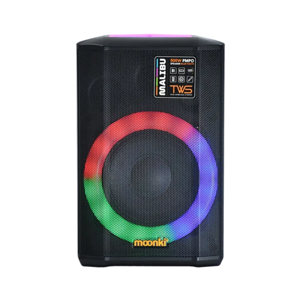 PARLANTE BLUETOOTH MOONKI MALIBU SOUND POTENCIA PMPO 500W LUCES LED PORTABLE NEGRO/ROSA MS-R105BLT-PNK