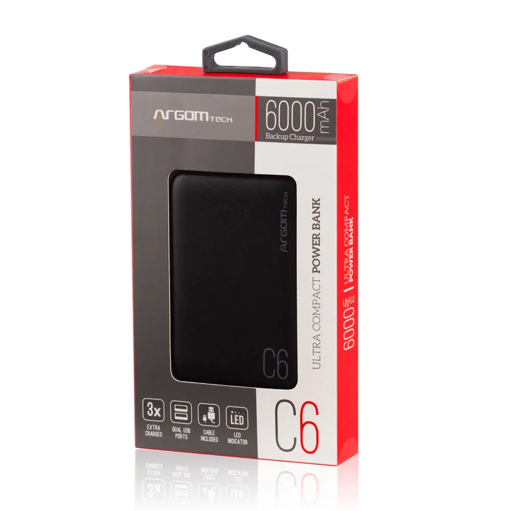 POWER BANK ARGOM C6 6000MAH BLACK ARG-PB-1136BK