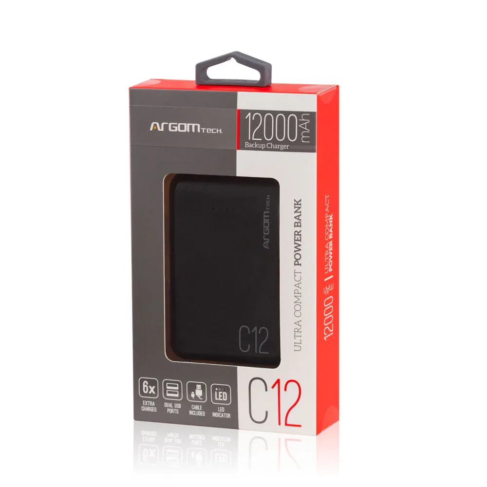 POWER BANK ARGOM C12 12000MAH BLACK ARG-PB-1138BK