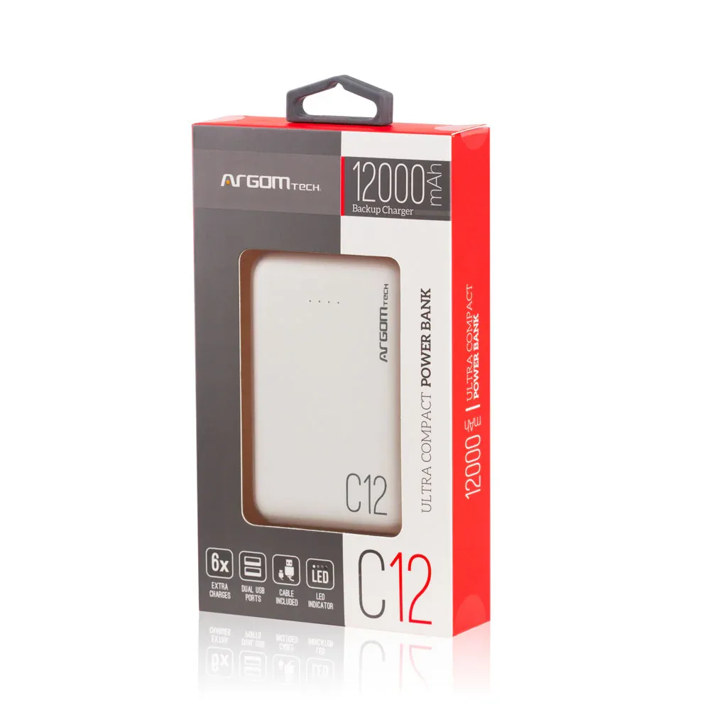 POWER BANK ARGOM C12 12000MAH WHITE ARG-PB-1138WT