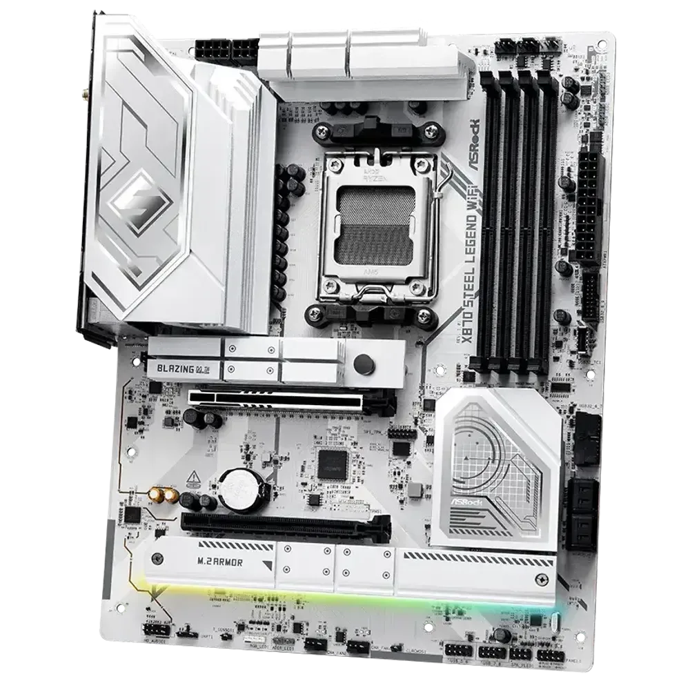 TARJETA MADRE ASROCK X870 STEEL LEGEND WIFI AM5 DDR5 4X M.2 + 4X SATA USB 3.2 WIFI 6E ETHERNET 2.5GB 1X PCIE 5.0 POLYCHROME RGB BLANCO