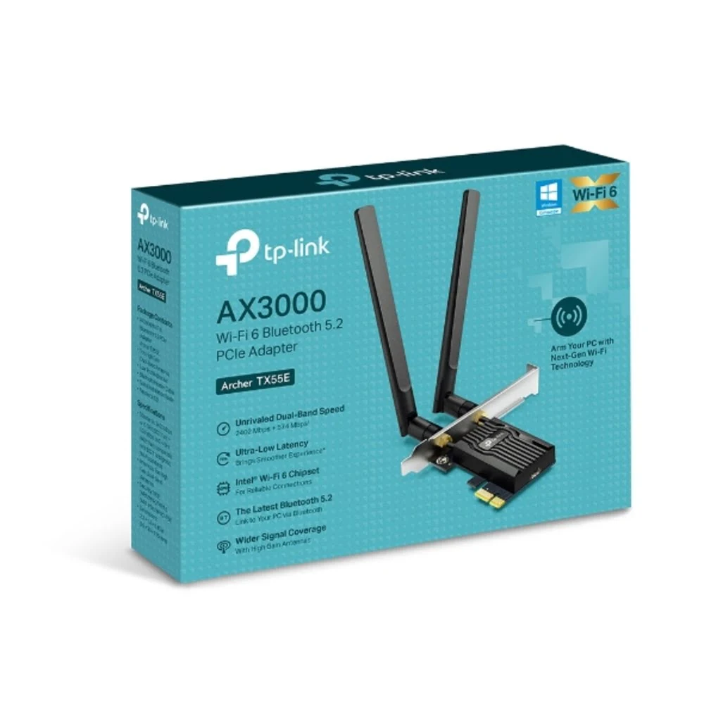 ADAPTADOR PCLE TP LINK ARCHER TX55E(UN) AX3000 WI-FI 6 BLUETOOTH 2402 MBPS + 574 MBPS