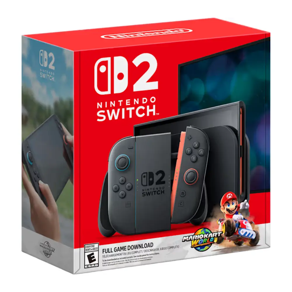 🎮 Incluye: Consola Nintendo Switch 2, juego Mario Kart World (descarga completa), par de Joy-Con 2, dock mejorado, adaptador AC, cable HDMI, grip y correas para Joy-Con. 📅 Lanzamiento en EE. UU.: 5 de junio de 2025. 💵 Precio del bundle: $499.99 MSRP (ahorro frente a la compra por separado). 🖥️ Pantalla LCD táctil de 7.9″: Resolución 1080p, HDR10 y frecuencia variable hasta 120 Hz. 📺 Modos de juego: portátil, mesa y TV con salida hasta 4K/60 fps o 1440p/120 fps. ⚡ Chip Nvidia Tegra T239 personalizado: CPU ARM Cortex-A78C de 8 núcleos + GPU Ampere con ray tracing y DLSS. 🧠 Memoria: 12 GB LPDDR5X con ancho de banda de hasta 102 GB/s. 💾 Almacenamiento: 256 GB UFS 3.1 interno, ampliable hasta 2 TB con microSD Express. 🔋 Batería de 5.220 mAh: Autonomía de 2 a 6.5 horas y carga completa en aprox. 3 horas. 🎮 Joy-Con 2 magnéticos: Mejor ergonomía, botones rediseñados, sensores ópticos y autonomía de 20 h. 🎤 GameChat integrado: Micrófono con cancelación de ruido, voz, video y chat de pantalla (gratis hasta marzo de 2026). 🔊 Audio avanzado: Sonido estéreo espacial en portátil y PCM 5.1 en modo TV. 🌐 Conectividad: Wi-Fi 6, Bluetooth, 2 puertos USB-C, LAN en dock, HDMI y jack de audio. 🏎️ Juego Mario Kart World: Mundo abierto, multijugador local (4 jugadores) y online (24 jugadores)